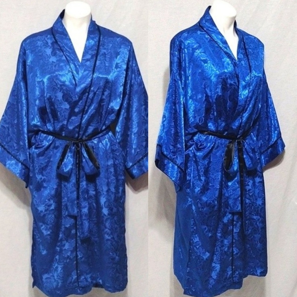 Vtg Victoria’s Secret Gold Label Blue Satin Kimono Robe Old Hollywood Glam OS